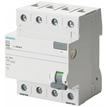 RCCB, 4-pole, type AC, In: 63 A, 30 mA, Un AC: 400 V, 5SV4346-0