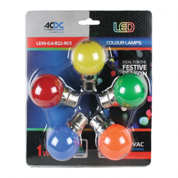 1W B22 Mixed Colour Lamp Ball Type 5 Pack, LE45-0.6-B22-M/5