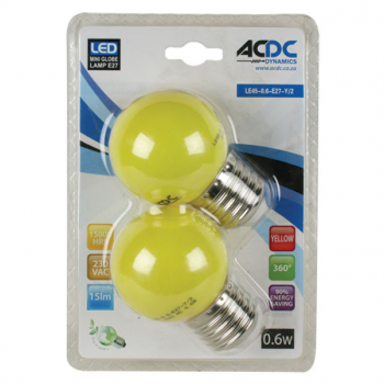 230VAC 1W YELLOW E27 LAMP BALL TYPE / 2 PER PACK