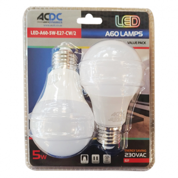 5W A60 E27 Cool White LED Lamp 2 Per Pack, LED-A60-5W-E27-CW/2