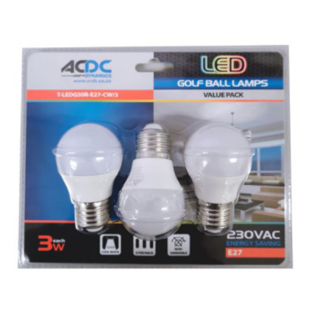 3W E27 Cool White LED Golf Ball Lamp 3 Pack, T-LEDG50R-E27-CW/3